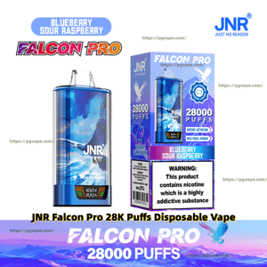 Promotional image of a metallic blue JNR Falcon Pro disposable vape and its boxed packaging, labeled Blueberry Sour Raspberry and 28,000 puffs, featuring a soaring bird graphic, a small digital display, and a visible nicotine addiction warning.