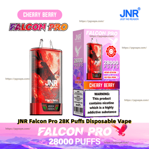 Red JNR Falcon Pro disposable vape device and matching box showing 'Cherry Berry' flavor, eagle graphic, '28,000 puffs' branding, and a nicotine addiction warning label.