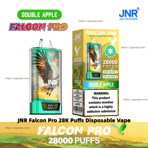 Green JNR Falcon Pro disposable vape and matching box featuring a soaring falcon graphic, 'Double Apple' flavor label, prominent '28,000 puffs' text and a nicotine warning panel.