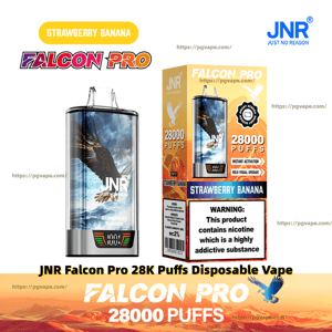 JNR Falcon Pro disposable vape and retail box for Strawberry Banana flavor, showing the clear cylindrical device with a falcon wing graphic and JNR logo, the box labeled 