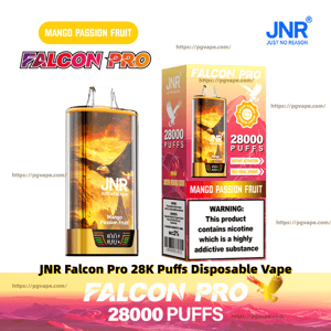 Gold-and-orange JNR Falcon Pro disposable vape and its box labeled Mango Passion Fruit, showing the device, packaging graphics, JNR logo, a prominent 28,000 puffs claim, and a nicotine warning label.