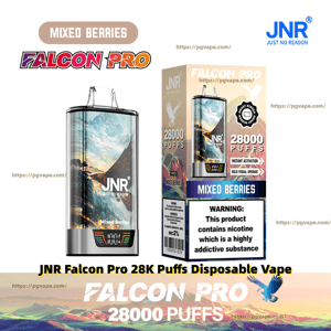 Rectangular metallic JNR Falcon Pro disposable vape and matching box showing mountain artwork, 'Mixed Berries' flavor, prominent Falcon Pro and JNR branding, '28,000 puffs' claim and a nicotine addiction warning label.