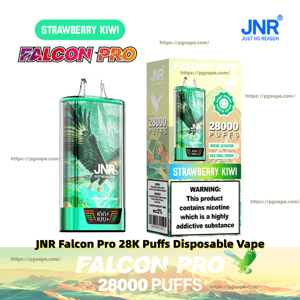 Green metallic JNR Falcon Pro disposable vape and matching packaging labeled Strawberry Kiwi, prominently showing 28,000 puffs, the JNR logo, and a nicotine warning panel.