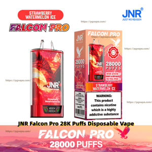 Red-orange JNR Falcon Pro disposable vape and matching box displaying 'Falcon Pro 28000 Puffs', 'Strawberry Watermelon Ice' flavor, an eagle graphic and brand logo, with a visible nicotine warning label.