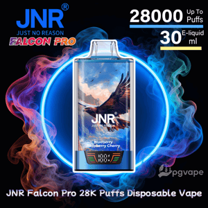 Advertisement showing a JNR Falcon Pro disposable vape with eagle artwork labeled Blueberry Raspberry Cherry, highlighting up to 28,000 puffs and 30 ml e-liquid against a colorful neon smoke ring background.