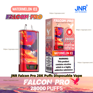 Red-and-orange JNR Falcon Pro disposable vape and matching Watermelon Ice box featuring vibrant falcon artwork, prominent “28000 puffs” and brand logos, flavor label and nicotine warning panel.