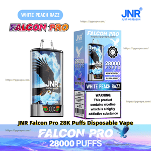 JNR Falcon Pro White Peach Razz disposable vape and matching box featuring eagle-wing artwork, JNR logo, a prominent “28,000 puffs” claim and a nicotine warning label.