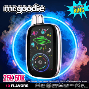 Sleek metallic-edged disposable vape with a black front panel displaying neon space-themed illustrations (UFO, planets, moon) and a circular fingerprint touch control, set against a blue-purple neon smoke ring backdrop with the mr.goodie logo and product text indicating dual mode and 25K/50K puffs.