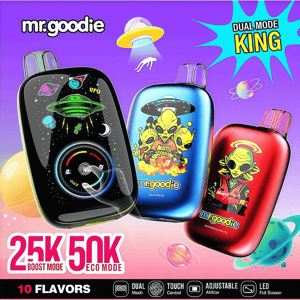Three colorful mr.goodie pod devices with alien and UFO graphics on a purple space-themed background, labeled Dual Mode King and showing 25K Boost Mode / 50K Eco Mode along with a '10 flavors' banner and product icons.