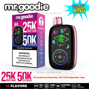 Packaging and pink-edged Mr. Goodie Dual Mode King disposable vape labeled 25K boost/50K eco puffs, strawberry milkshake flavor, showing a black device with a colorful UFO/space graphic and circular LED touch display, plus a nicotine warning on the box.