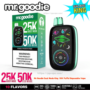 Green-trimmed Mr. Goodie Dual Mode King disposable vape with a colorful UFO-themed front display beside its green box labeled '25K Boost Mode 50K Eco Mode' and a nicotine warning, with promotional badges for 'Dual Mode King', '10 flavors', and feature icons.