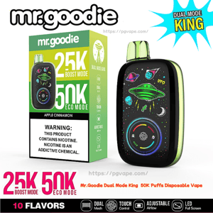 Retail box and matching black-and-green Mr.Goodie Dual Mode King disposable vape featuring colorful UFO-themed artwork, labeled 25K boost/50K eco puffs with Apple Cinnamon flavor, nicotine warning, and icons noting 10 flavors and device features.