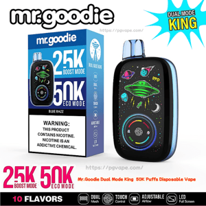 Black Mr. Goodie Dual Mode King disposable vape with a blue rim and transparent mouthpiece showing neon space-themed graphics and a circular LED control ring, pictured next to a blue retail box labeled 