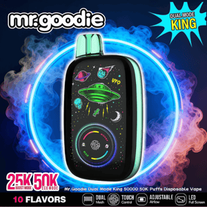 Mint-green edged black disposable vape featuring a colorful UFO and space doodles on its front, set against a neon blue circular light and swirling smoke with 'mr.goodie' branding and 'Dual Mode King' and '25K/50K' puff labels visible.