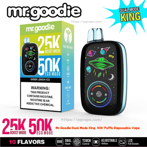Mr. Goodie Dual Mode King disposable vape device with colorful UFO-themed front artwork shown beside its green-and-blue box advertising 25K boost mode and 50K eco mode for Green Lemon Ice flavor, nicotine warning label and icons for dual mesh, touch control, adjustable power and LED screen.