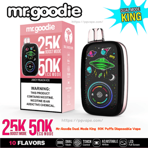 Mr. Goodie Dual Mode King disposable vape and its pink packaging, showing a black oval device with neon UFO-themed artwork and circular LED display, and the box advertising 25K Boost Mode/50K Eco Mode, Juicy Peach Ice flavor and a nicotine warning.