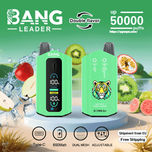 Two mint-green Bang Leader disposable vape devices—one showing a digital front display and the other a back with a colorful tiger logo—surrounded by sliced fruits (kiwi, apple, passionfruit, guava) and overlaid text/icons indicating double flavor, up to 50,000 puffs, Type-C, 650mAh, dual mesh, adjustable, and free EU shipping.