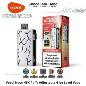 Vozol Neon 45000 disposable vape and retail box for Berry Cherry Lime flavor, showing a white device with blue crackle pattern and black mouthpiece and side panel alongside packaging labeled 45K puffs, adjustable 4 ice levels, nicotine warning and product icons.