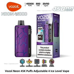 Purple Vozol Neon 45000 disposable vape with cracked-vein design beside its Berry Mint box labeled 45K puffs, 800 mAh and 20/50 mg/ml options, showing icons for 4 ice levels, 3 nicotine and airflow levels, color screen and dual mesh coil, plus a nicotine addiction warning.