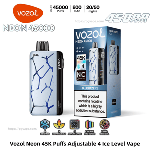 Blue-and-white Vozol Neon 45000 disposable vape with a cracked-pattern finish shown beside its Blue Razz Ice packaging, advertising up to 45,000 puffs, adjustable 4 ice levels, nicotine warning, and icons for airflow, nicotine levels, full-color screen and dual mesh coil.