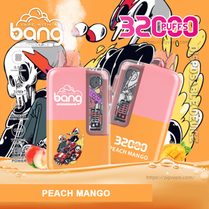 Bright orange product ad showing two pink-and-orange Bang disposable vape devices labeled '3200 puffs' and 'Peach Mango,' featuring skull-and-rider cartoon graphics, the Bang logo, and small peach and mango illustrations.