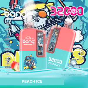 Two coral-and-teal disposable vape devices front and center—one upright, one tilted—featuring the Bang logo and “32000 puffs Peach Ice” labeling, set against a colorful cartoon pirate skull background with ice cubes, peach slices, water ripple foreground and small icons noting specs like 32 mL capacity and Type‑C charging.