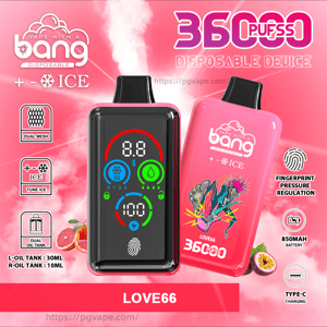 Pink advertisement for the Bang LOVE66 disposable vape showing two devices—one with a black front screen displaying colored digital icons and a fingerprint symbol, the other a pink back with colorful artwork—surrounded by icons for 36,000 puffs, ICE cooling, dual mesh, dual oil tanks (30ml/10ml), fingerprint pressure regulation, 850mAh battery, Type‑C charging and fruit flavor images on a pink cloud background.