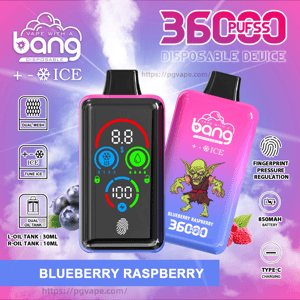 Two disposable Bang vape devices in a pink-to-purple gradient—one with a digital front screen showing icons and numbers, the other labeled Blueberry Raspberry and 3600 puffs with a goblin graphic—surrounded by icons for ICE, fingerprint pressure regulation, dual oil tanks, 850mAh battery, and Type-C charging on a purple cloudy background.