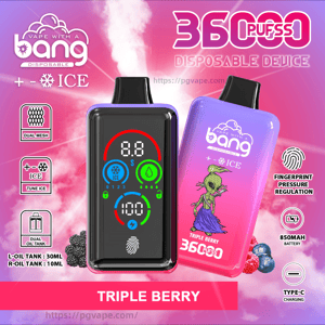 Two gradient pink‑purple Bang disposable vape devices—one with a digital display and fingerprint icon, the other labeled Triple Berry with an alien illustration—against a pink clouded background advertising 36,000 puffs, +ICE cooling, dual oil tanks, dual mesh, fingerprint pressure regulation, 850mAh battery and Type‑C charging.