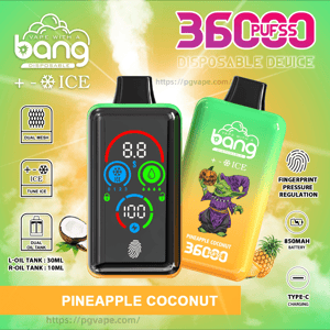Advertisement showing two Bang disposable vape devices—a black-front unit with a colorful digital display and a green-to-yellow pineapple-coconut patterned unit—promoting 36000 puffs, ICE cooling, dual oil tanks (30 ml and 10 ml), fingerprint pressure regulation, 850 mAh battery and Type‑C charging against a bright green-yellow vapor-filled background.