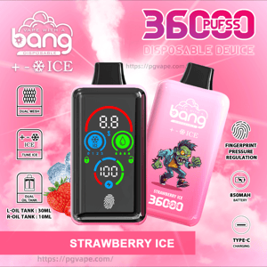 Advertisement showing two ‘Bang’ disposable vape devices on a pink background — a black front-facing unit with a colorful digital display and fingerprint icon, and a pink unit with a zombie illustration; labeled “36000 puffs” and “Strawberry Ice” with accompanying icons for dual mesh, ICE tuning, dual oil tanks (L 30 mL / R 10 mL), fingerprint pressure regulation, 850 mAh battery, and Type-C charging.