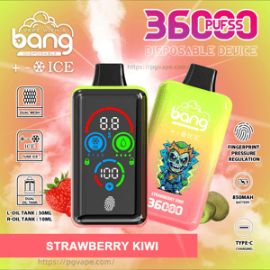 Promotional graphic of two neon green-to-pink disposable Bang vape devices labeled ICE and Strawberry Kiwi, one showing a digital status screen with icons and battery percent and the other featuring a colorful skull mascot, surrounded by strawberries and kiwi slices and overlaid with text and icons highlighting a high puff-count claim, fingerprint pressure regulation, dual oil tanks, 850 mAh battery and Type-C charging.