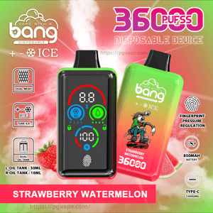 Colorful product poster showing two Bang disposable vape devices—one with a digital screen and one green-to-pink gradient—labeled 