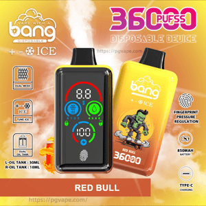 Two Bang disposable vape devices—one black with a colorful digital display and one yellow branded 'Red Bull'—set against an orange background with large '36000 puffs' text and icons indicating ICE cooling, fingerprint pressure regulation, dual oil tanks (L 30ml, R 10 ml), 850mAh battery, dual mesh, tune ICE, and Type-C charging.