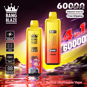 Two gold-to-orange Bang Blaze disposable vape devices centered on a purple-yellow cosmic landscape, displaying '60000 4 in 1' branding, a cartoon monkey graphic, icons for 650mAh battery, 1.0Ω coil, Type-C and digital display, and large promotional '60000 puffs' and '4 in 1' text.