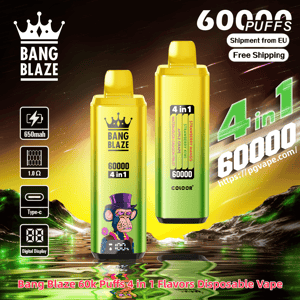 Two yellow-to-green gradient disposable vape devices prominently bearing the Bang Blaze crown logo and a cartoon monkey sticker, labeled '60000 4 in 1' with a vertical flavor-strip, surrounded by icons for 650mAh, 1.0Ω, Type-C and digital display against a stylized glowing landscape background.