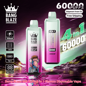 Two gradient pink-to-green disposable Bang Blaze vape devices labeled '60000' and '4 in 1' with a flavor bar and cartoon monkey graphic, surrounded by icons for 650mAh, 1.0Ω, Type-C and digital display, set against a neon cosmic mountain and reflective water background with promotional text about 60k puffs and free EU shipping.