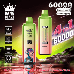 Two metallic green-to-pink gradient Bang Blaze disposable vapes standing on a reflective neon landscape, labeled 60000 and 4 in 1 with a crown logo and small digital display, and surrounded by icons and text noting 60,000 puffs, 650mAh battery, Type‑C charging, 1.0Ω coil, four flavors and free EU shipping.