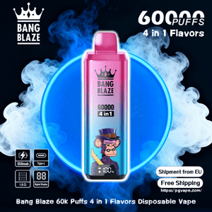 Rosa-till-blå gradient engångsvape märkt Bang Blaze med kronlogotyp och '60000 4 i 1'-text, med en tecknad apa, centrerad på en blå rökig bakgrund med små ikoner för 650mAh, USB-C, 1.0Ω och digital display och en 'Freement Shipping notice'/EU-frakt.