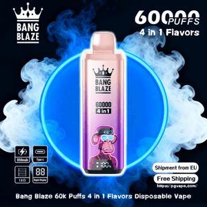 Pink-to-purple gradient disposable Bang Blaze vape device with crown logo and '60000 4 in 1' label, a cartoon monkey graphic at the base, centered on a blue neon circle with surrounding white vapor and small icons for 650mAh, Type-C, 1.0Ω and digital display plus a 'Free Shipping' tag.