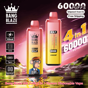 Two pink-to-gold gradient Bang Blaze disposable vapes labeled 60,000 puffs 4-in-1, one showing a cartoon ape and a digital display, with product spec icons (650mAh, 1.0Ω, Type‑C) over a purple-pink mountain and reflective water background