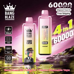 Two pink-to-yellow gradient Bang Blaze disposable vapes standing on a reflective purple-pink landscape, showing branding and a cartoon ape in a suit on the front device, prominent '60000 puffs' and '4 in 1' flavor indicators, plus icons for 650mAh battery, 1.0Ω, Type-C charging and digital display.