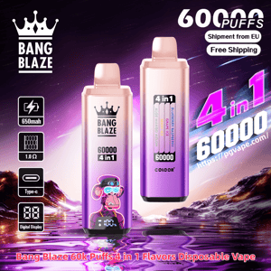 Two metallic pink‑purple Bang Blaze disposable vape devices displayed against a neon cosmic mountain background, featuring a crown logo and cartoon monkey graphic, prominent “60000 4 in 1” and “60k puffs” promotional text, and icons indicating 650mAh battery, 1.0Ω resistance, Type‑C charging and a digital display.