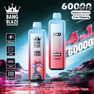 Two tall rectangular gradient pink-to-blue Bang Blaze disposable vapes—one showing a cartoon monkey and digital display, the other showing flavor indicators—surrounded by large '60000 puffs' and '4 in 1' branding, feature icons for 650mAh, 1.0Ω, Type-C and digital display, and small 'Shipment from EU' and 'Free Shipping' badges against a neon mountain-and-water background.