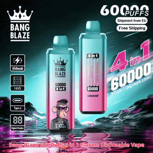 Two teal-to-pink gradient disposable vape devices labeled “Bang Blaze” and “60000 4 in 1,” one featuring a cartoon ape, surrounded by icons for 650mAh battery, 1.0Ω coil, Type-C charging and digital display, with large “60000 puffs” and “4 in 1” promotional text and a neon futuristic water-and-mountain background.