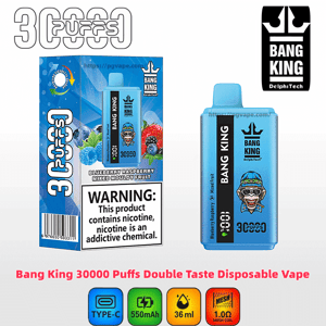 Blue disposable Bang King 30,000-puff vape device displayed next to a matching blue retail box with berry illustrations, a prominent nicotine warning label, brand logos, and feature icons for Type-C charging, 550mAh, 36ml capacity, and 1.0Ω mesh coil.