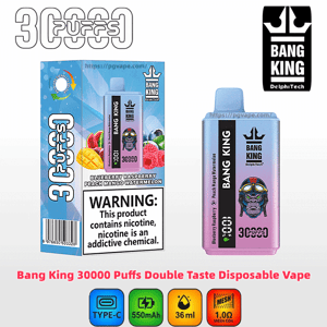 Packaging and device of a Bang King 30,000-puff double-taste disposable vape in blue-pink gradient featuring a gorilla with goggles logo, listed flavors (blueberry, raspberry, peach mango, watermelon), a prominent nicotine warning, and small icons indicating Type-C, 550mAh, 36ml capacity and 1.0Ω mesh coil.