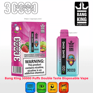 Pink-to-teal Bang King disposable vape and matching box labeled 30000 puffs featuring a colorful monkey-head logo, fruit images (strawberry, watermelon, kiwi, passion fruit, guava), a prominent nicotine-warning panel, and icons for Type-C charging, 550mAh battery, 36ml e-liquid and 1.0Ω mesh coil.