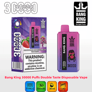 Boxed and loose Bang King disposable vape in a purple‑pink gradient labeled 30000 puffs, showing strawberry and watermelon grape ice flavor art, a prominent nicotine‑warning panel, brand logo with a stylized character, and icons for Type‑C, 550mAh, 36ml and 1.0Ω mesh coil.