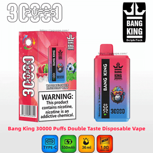 Box and matching two-tone pink-to-blue Bang King disposable vape device labeled 30000 puffs and double taste (Watermelon Ice and Blueberry Mint), featuring the brand logo with a sunglasses-wearing monkey, a prominent nicotine warning on the box, and icons for Type-C charging, 550mAh, 36ml capacity, and 1.0Ω mesh coil.